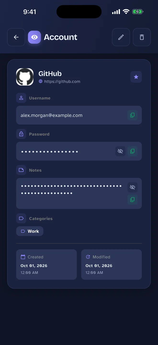 Pass Card Account details screen: Username, password and notes, each a tap from your clipboard