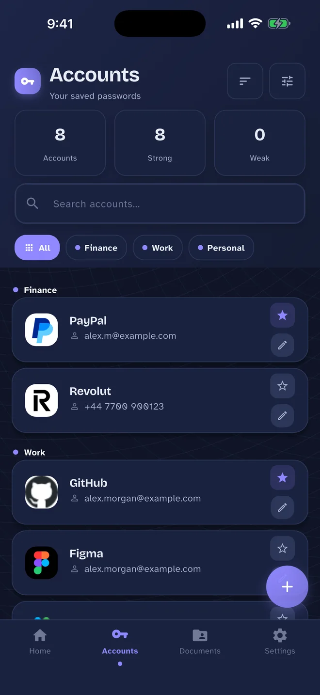 Pass Card Accounts screen: Every login, grouped by category and searchable