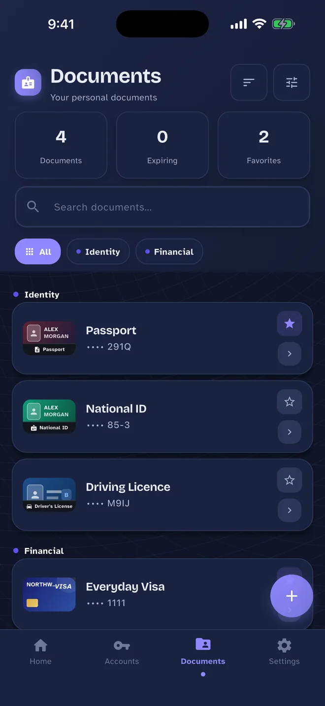 Pass Card Documents screen: Identity and financial documents, sorted and searchable