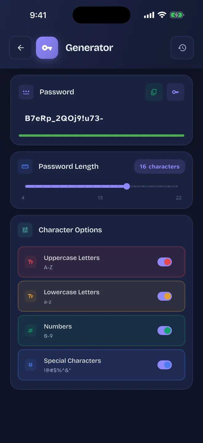 Pass Card Generator screen: Choose the length (4–22) and the characters to use