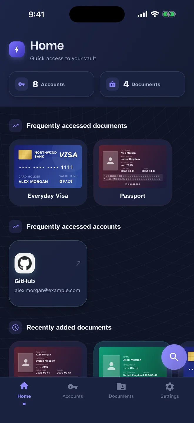 Pass Card home screen showing recently added documents and accounts