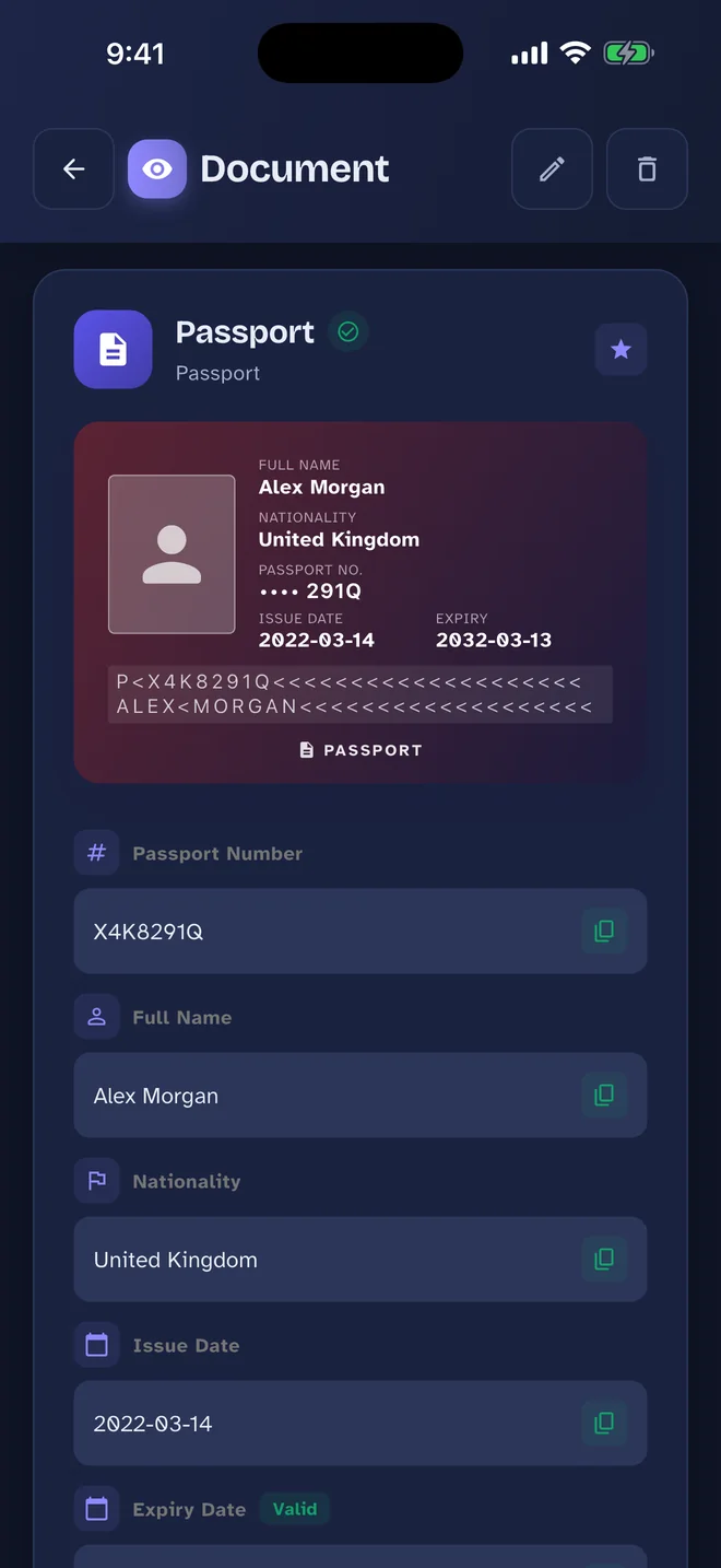 Pass Card Passport screen: Drawn like the real one, with every field ready to copy