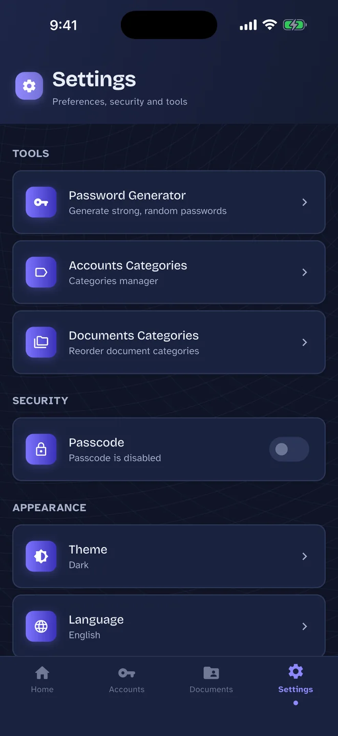 Pass Card Settings screen: Passcode, theme, language and your tools