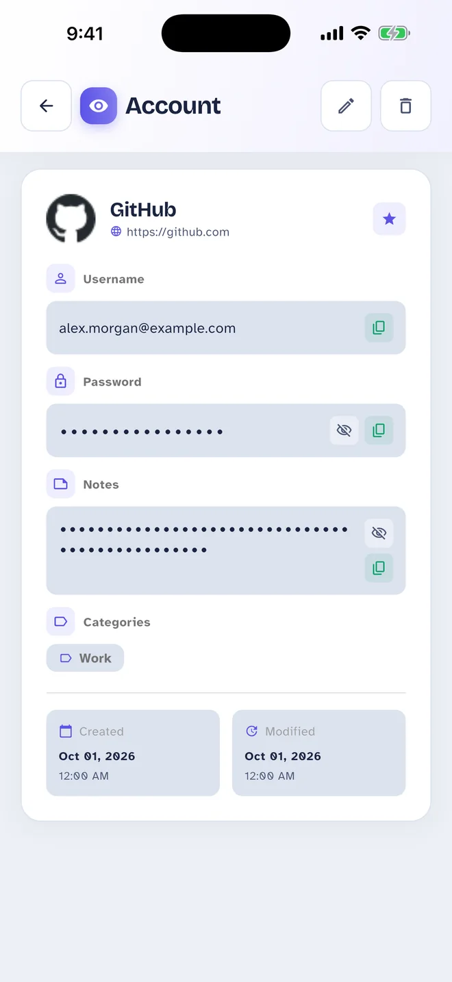 Pass Card Account details screen: Username, password and notes, each a tap from your clipboard
