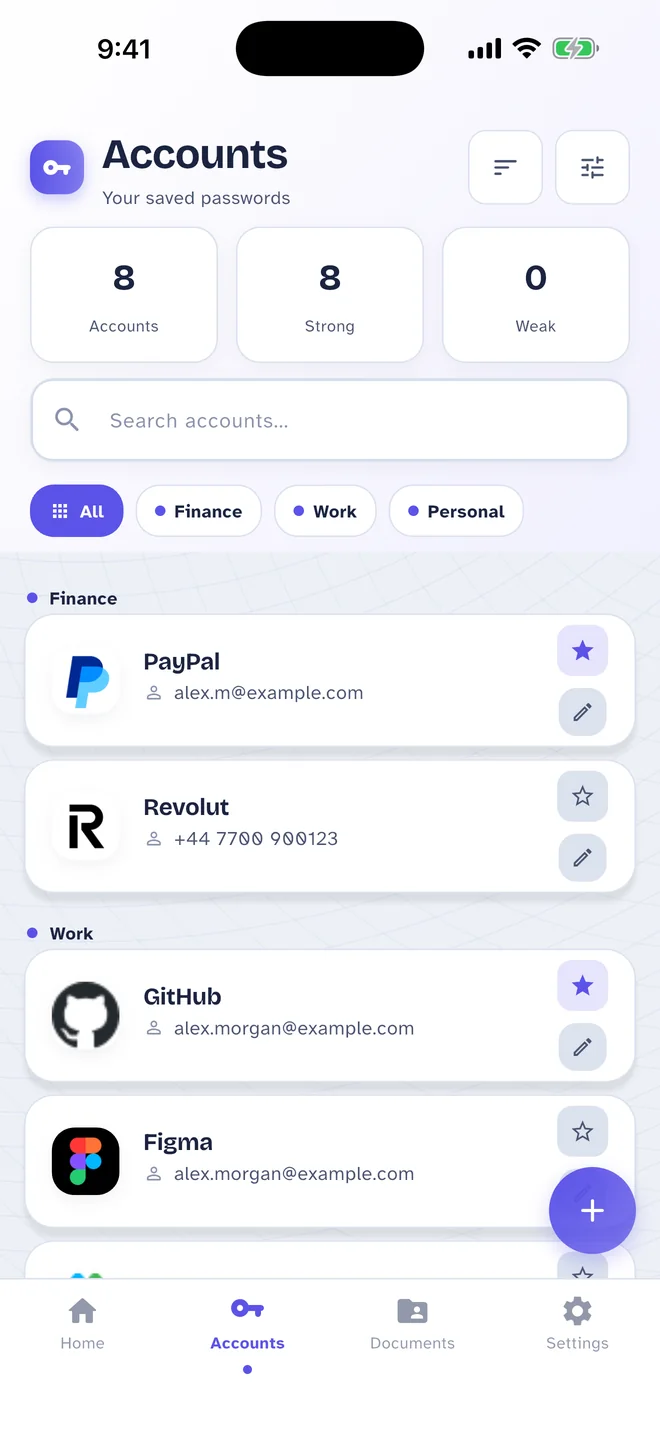 Pass Card Accounts screen: Every login, grouped by category and searchable