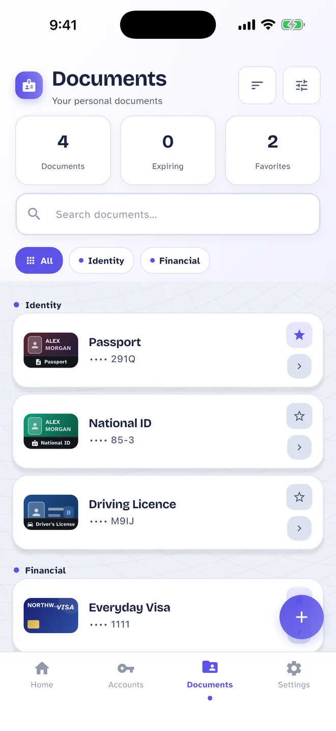 Pass Card Documents screen: Identity and financial documents, sorted and searchable