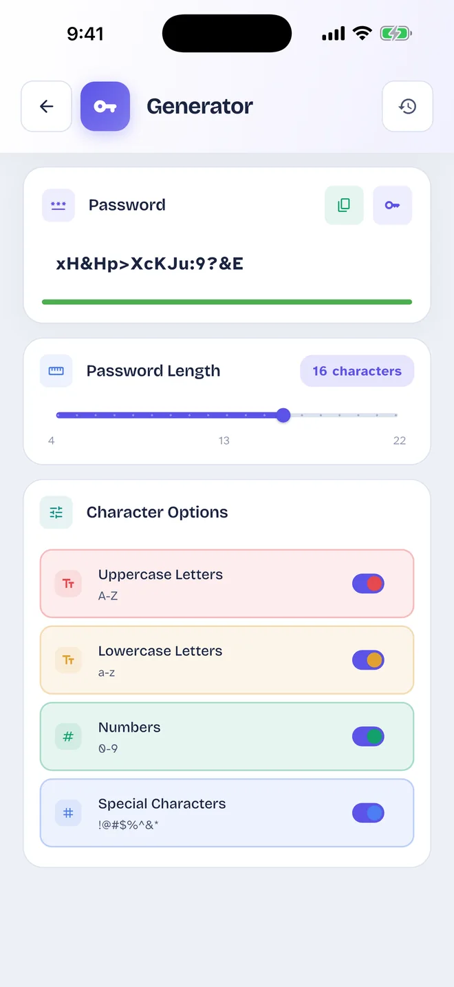 Pass Card Generator screen: Choose the length (4–22) and the characters to use