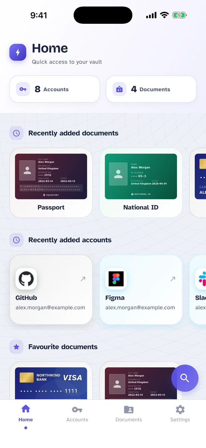 Pass Card home screen showing recently added documents and accounts