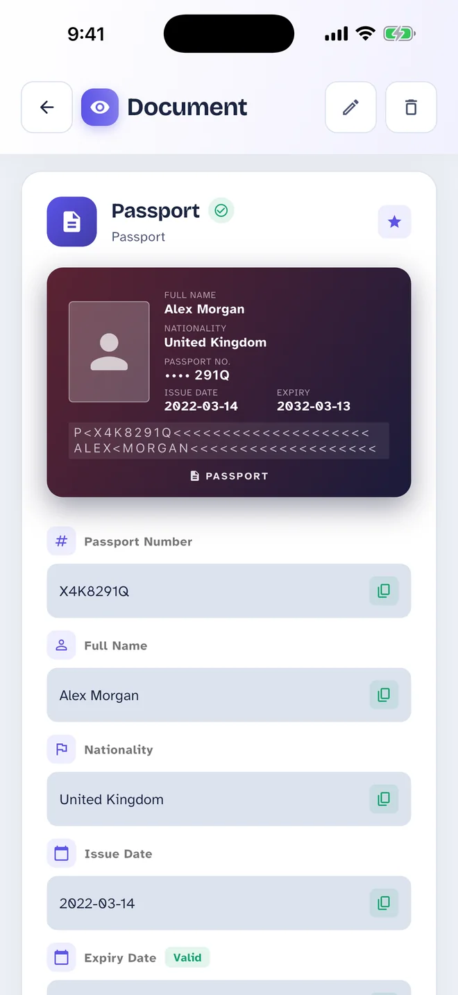 Pass Card Passport screen: Drawn like the real one, with every field ready to copy