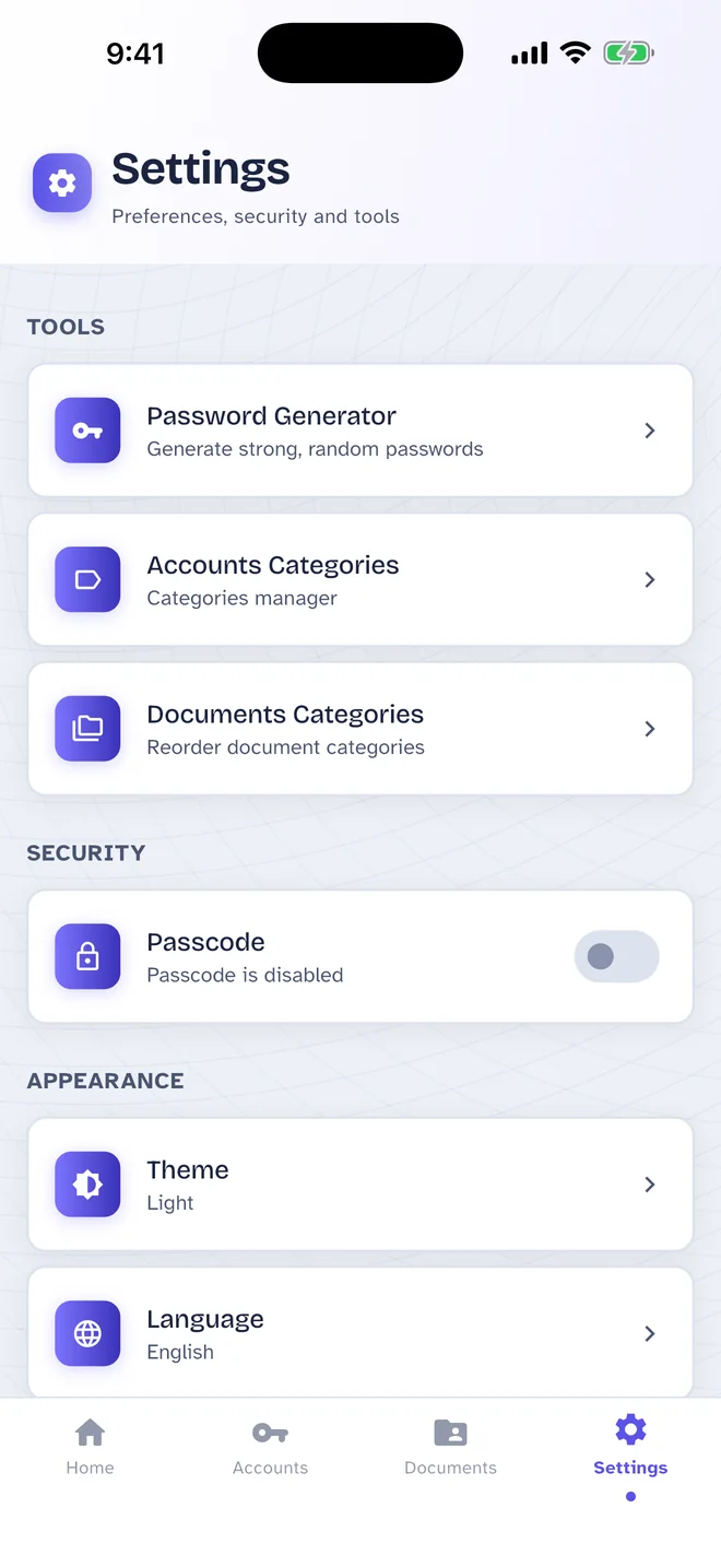 Pass Card Settings screen: Passcode, theme, language and your tools